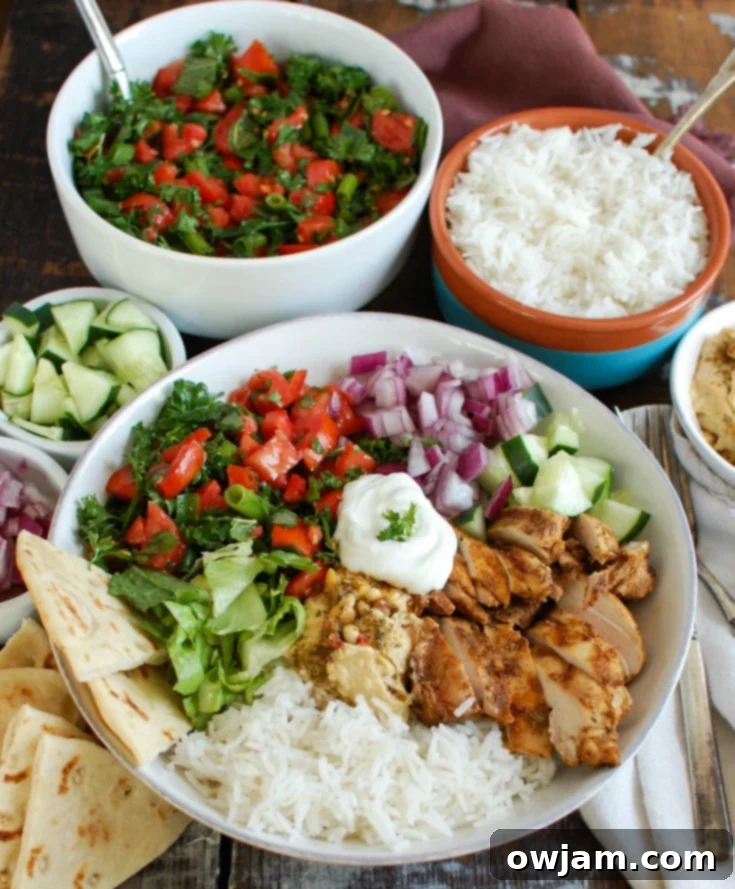 Homemade Chicken Shawarma Recipe 7 Overhead view of a beautiful Chicken Shawarma Rice Bowl
