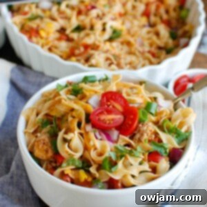Easy Mexican Noodle Casserole: A colorful and comforting family dinner featuring No Yolks Noodles, ground turkey, and cheese.