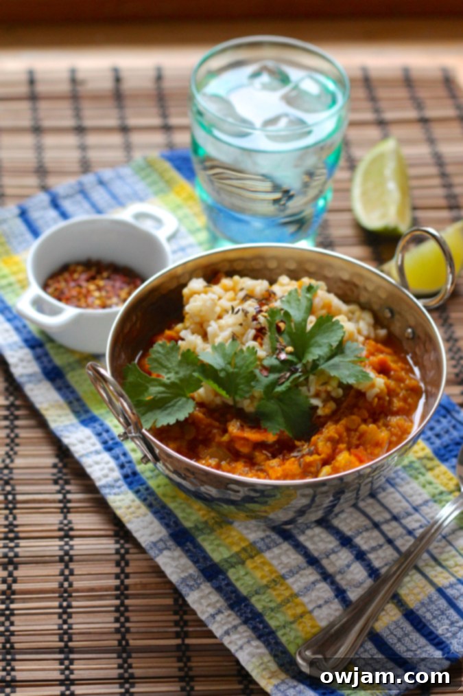 A bowl of slow cooker red lentil dal, garnished with fresh cilantro.