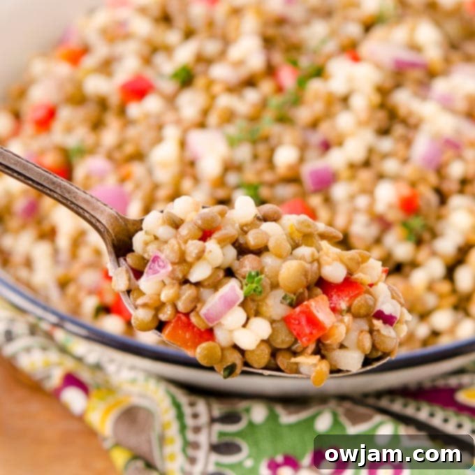 Lemony couscous lentil salad with fresh vegetables and a light dressing.