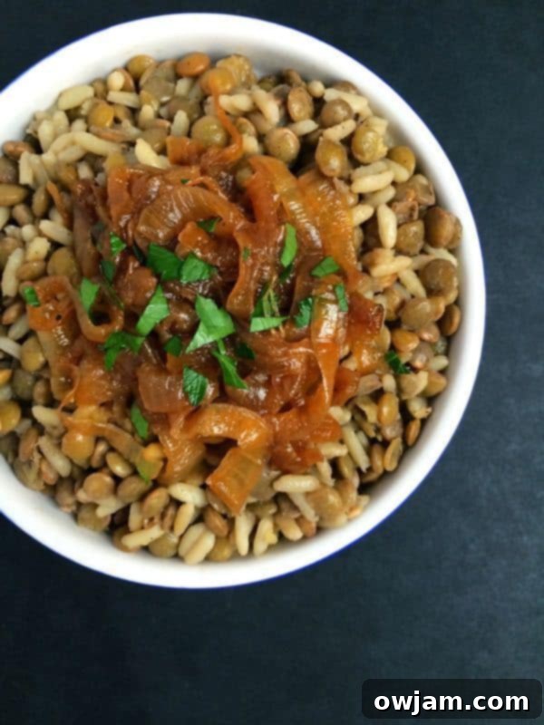 Traditional Lebanese Mujaddara: lentils and rice topped with golden caramelized onions.
