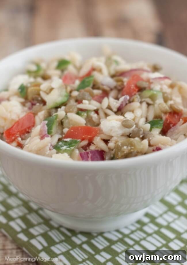 Refreshing Greek lentil orzo salad with feta cheese, olives, and fresh herbs.
