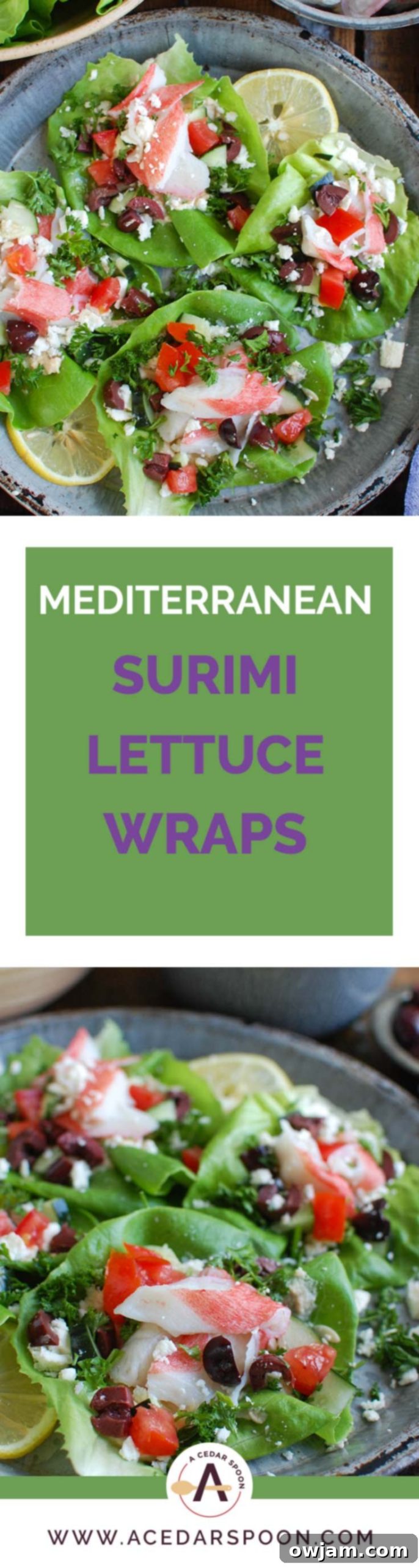 A complete overhead view of Mediterranean Surimi Lettuce Wraps, featuring an array of fresh ingredients arranged artfully on a serving dish.