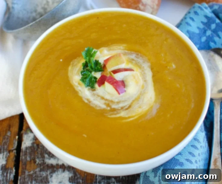 Butternut Apple Bliss Slow Cooker Soup 2 Slow Cooker Butternut Squash Apple Soup garnished with fresh parsley.