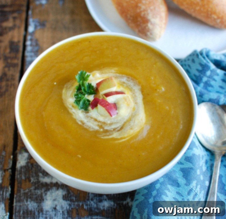 Butternut Apple Bliss Slow Cooker Soup 3 Slow Cooker Butternut Squash Apple Soup topped with fresh apple pieces.