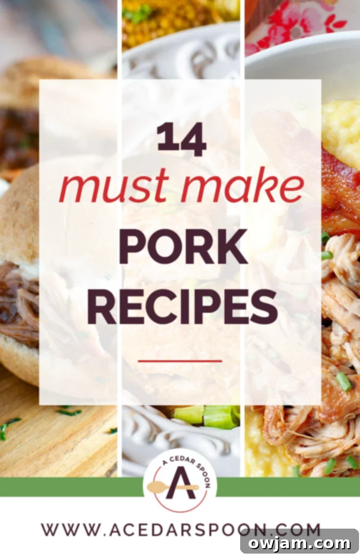 14 Essential Pork Recipes 2 Collection of 14 Must Make Pork Recipes, showcasing various dishes like chops, roasts, and tacos.