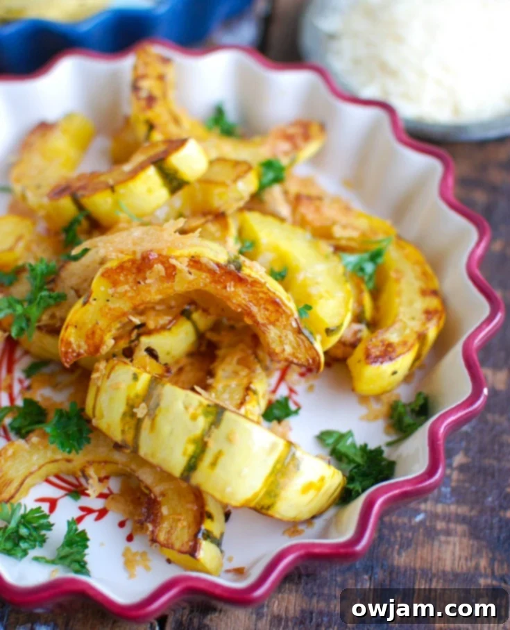 Beautifully roasted delicata squash slices topped with melted Parmesan cheese and fresh parsley, presented as a savory fall side dish.