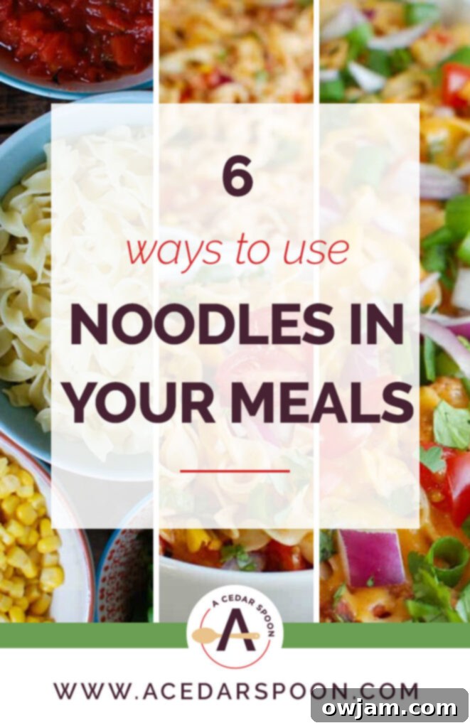 Six delicious ways to use versatile noodles in your weekly meal planning, featuring various noodle dishes.