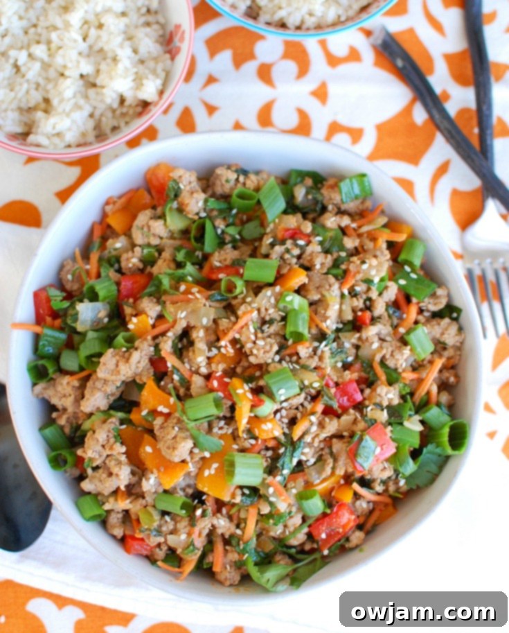 Effortless Thai Pork Stir-Fry 6 A bowl of Easy Thai Pork Stir-Fry garnished with fresh cilantro and sesame seeds, ready to eat