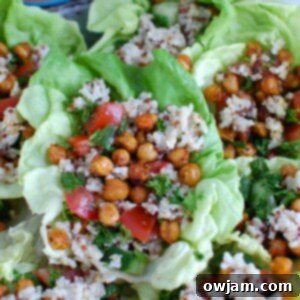 Top-down view of a Mediterranean Sorghum Tabbouleh and Chickpea Lettuce Wrap, ready to be enjoyed.