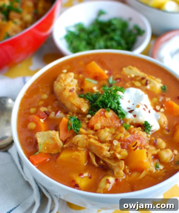 Slow Cooker Moroccan Chicken Soup in a white bowl