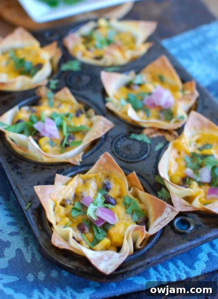 Southwestern Hummus Baked Wonton Cups are a fun finger food mixing spicy hummus, black beans, corn and cheese and baked into a wonton cup until crispy and warm. These are packed with flavor and work great as a snack or party food!