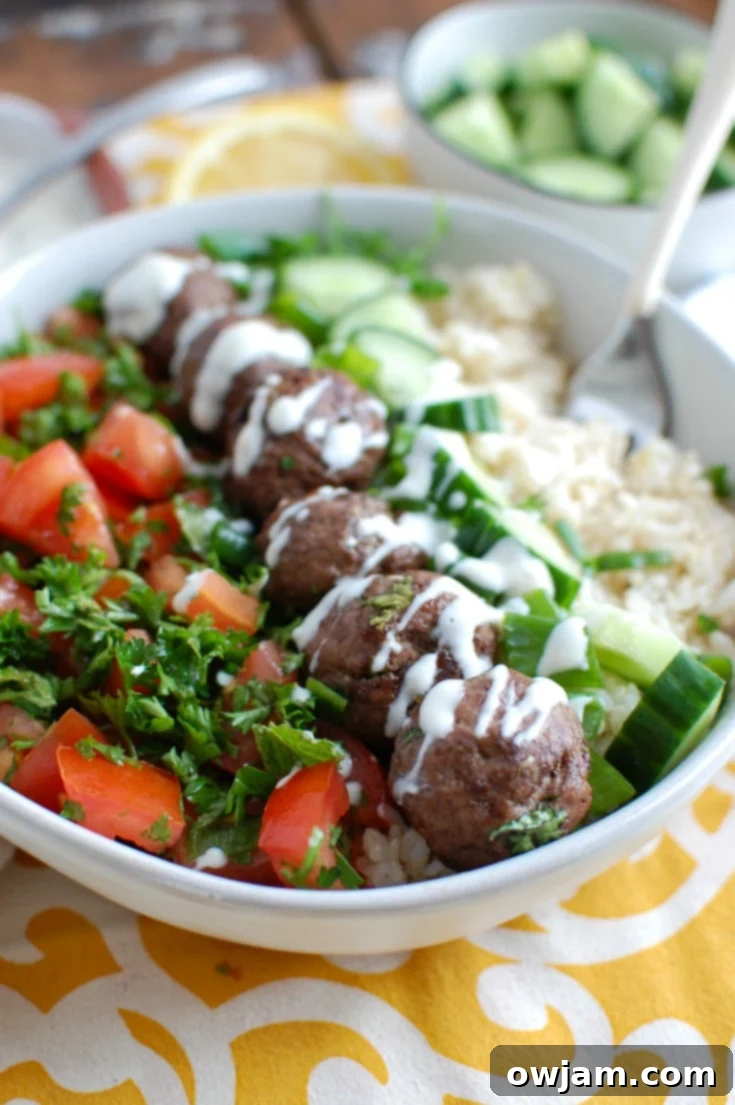 Aromatic Kafta Beef Meatballs 3 Close-up of Beef Kafta Meatballs in a white bowl, ready to be served
