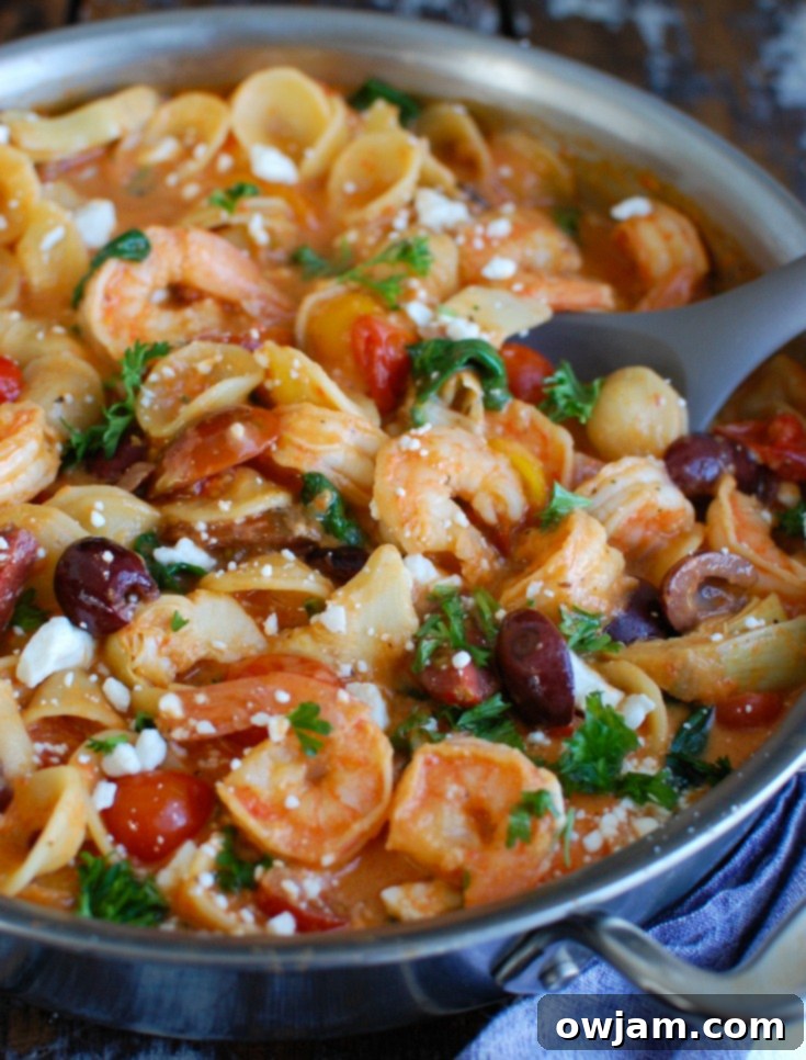 Easy One-Pot Mediterranean Shrimp Pasta 4 Ingredients for One Pot Mediterranean Shrimp Pasta laid out on a table.