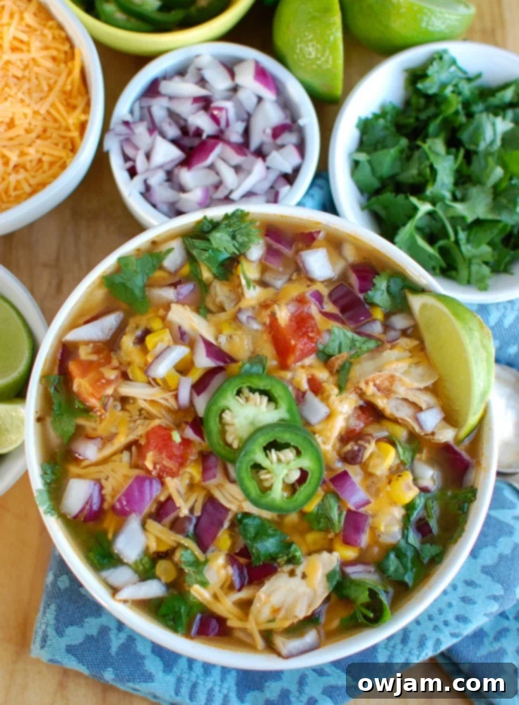 Quick and Easy Instant Pot Chicken Tortilla Soup 3 Instant Pot Chicken Tortilla Soup served in a white bowl with fresh lime wedges on the side.