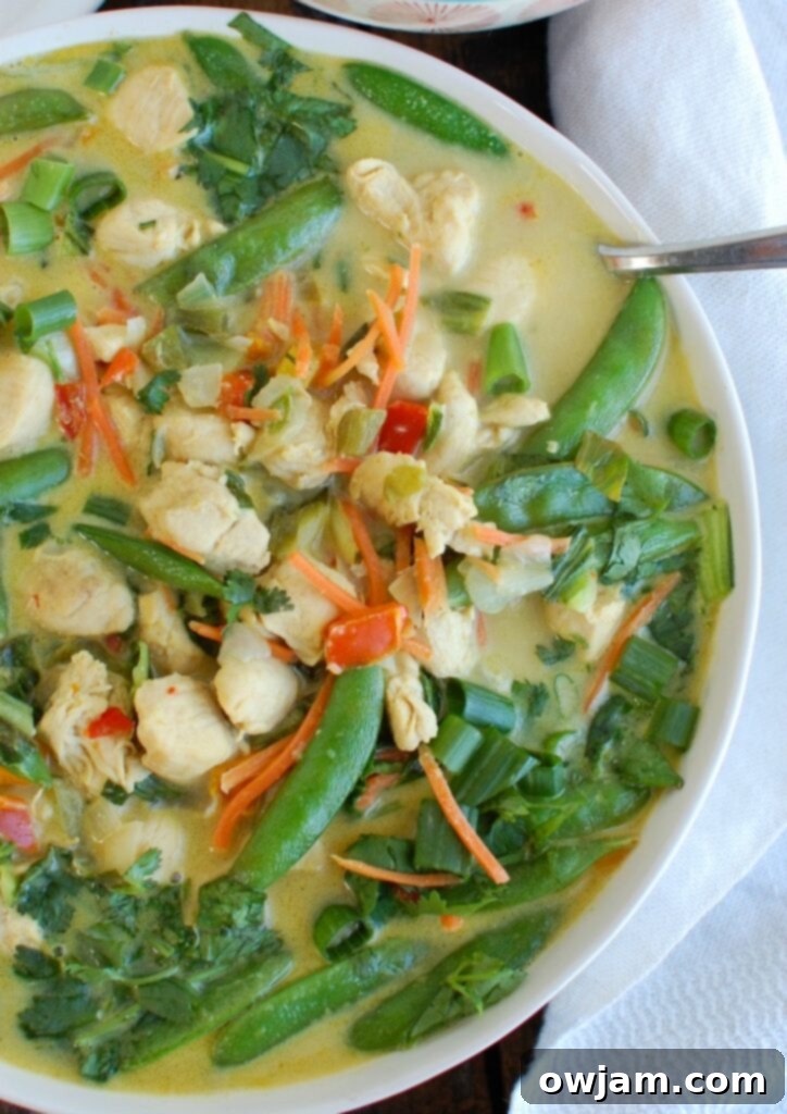 Go-To Green Curry Chicken 2 Easy Green Curry Chicken, a vibrant Thai dish with chicken and vegetables in a rich green coconut curry sauce, served over rice.