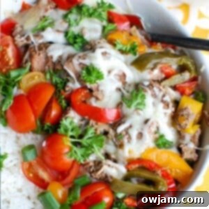 Set-and-Forget Philly Cheesesteak Rice Bowls 6 Slow Cooker Philly Cheesesteak Rice Bowls with a side of fresh toppings