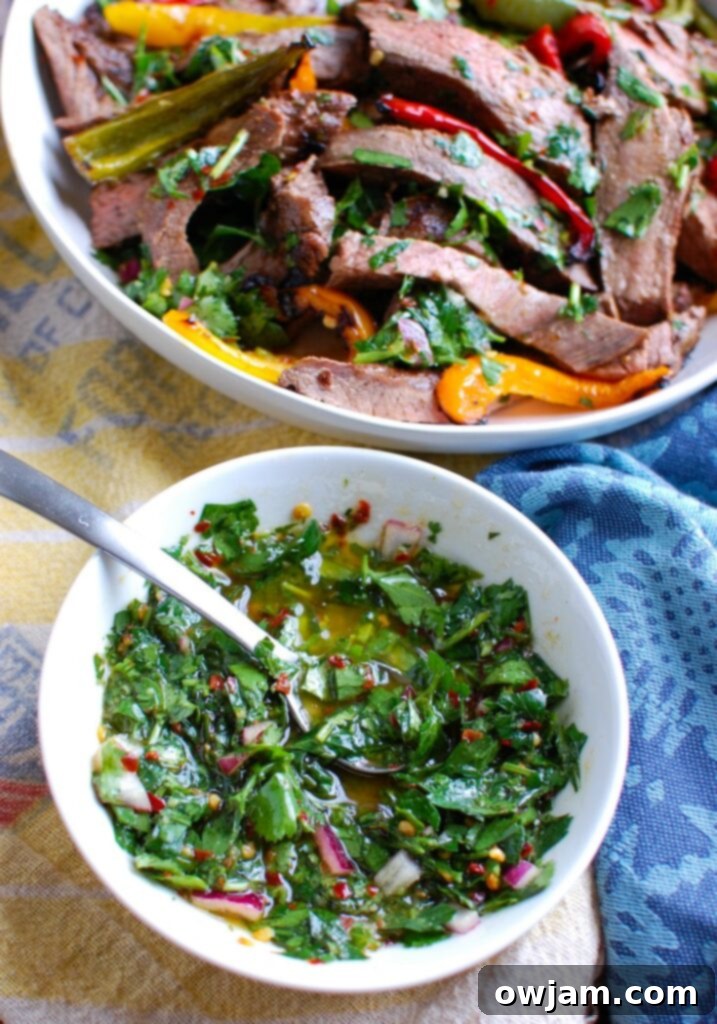 Succulent Grilled Flank Steak & Zesty Chimichurri 5 Close-up of Fresh Homemade Chimichurri Sauce in a Bowl