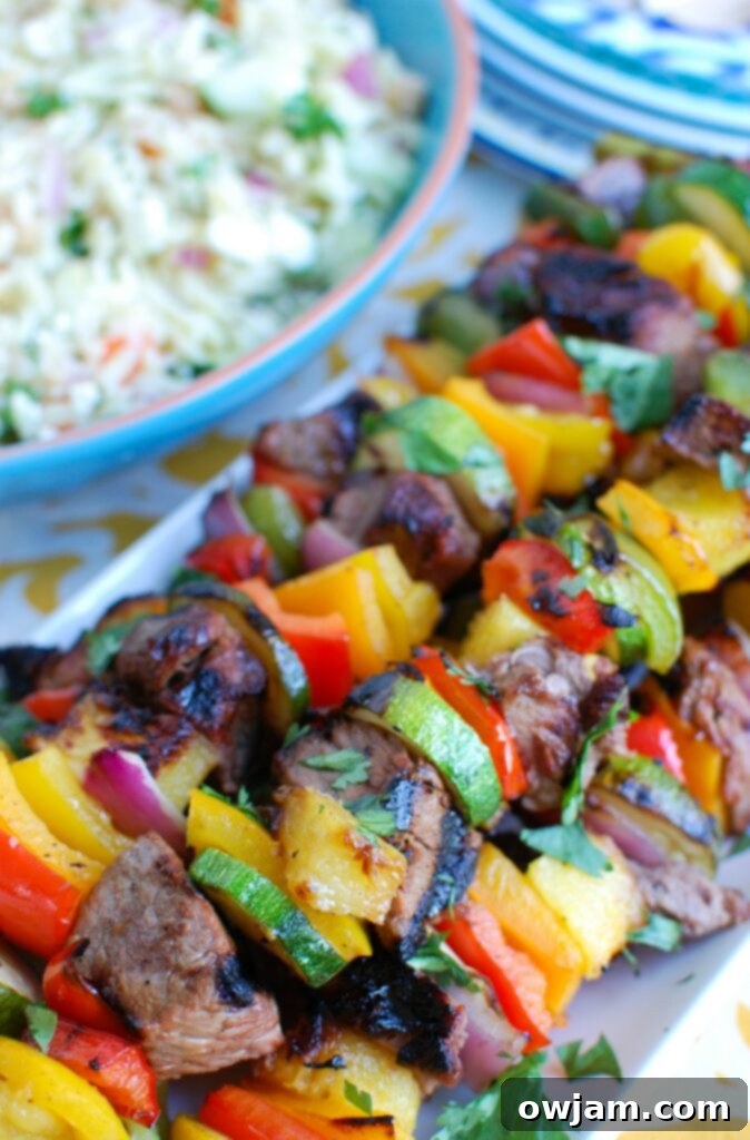 Grilled Hawaiian Steak Kabobs Side View 