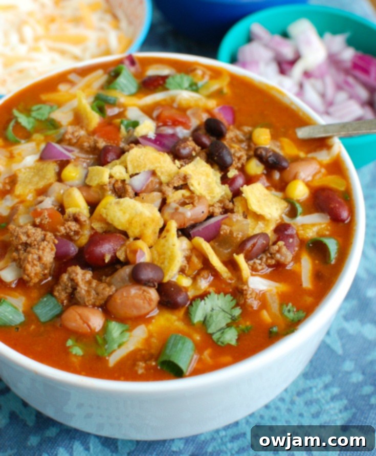Instant Pot Taco Soup in white bowl 