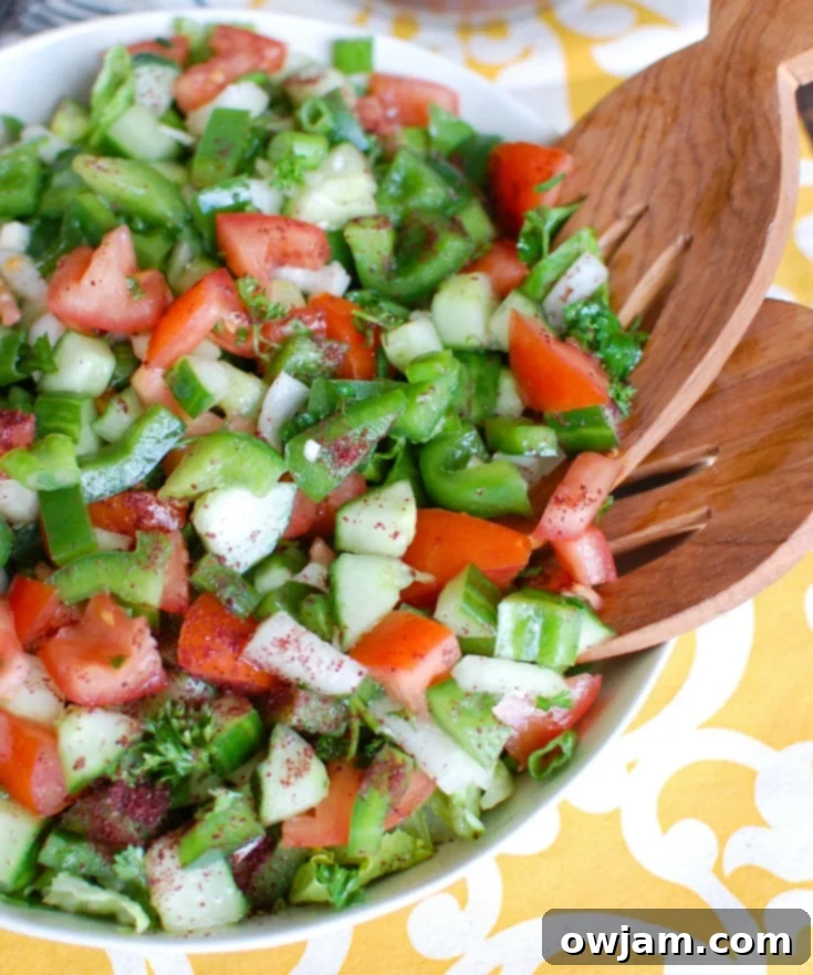 Easy Lebanese Salad, also known as Lebanese Salata, is a salad mixing chopped tomatoes, bell pepper, onion, cucumber, green onion and parsley topped with a lemony-mint dressing. This is healthy, light and the prefect addition to any meal or add grilled chicken or salmon to make it a meal itself. 