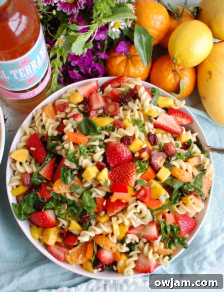 Overhead shot of a colorful Spring Pasta Salad