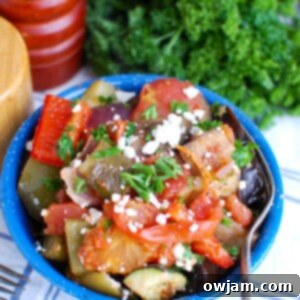 Greek Briami Roasted Vegetables 6 A dish of Greek Roasted Vegetables with a recipe card overlay