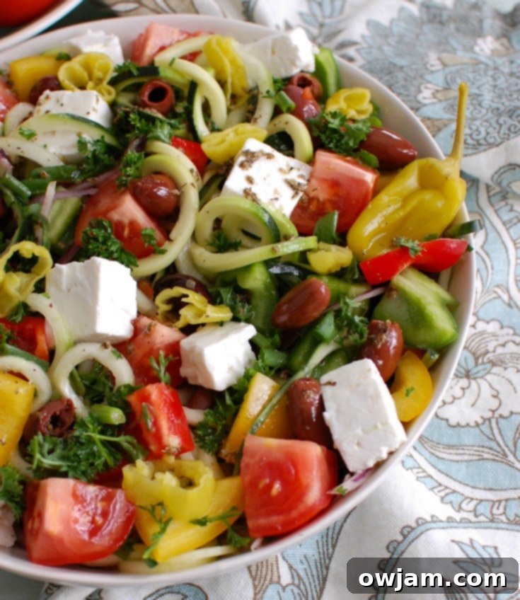 Spiralized Greek Style Salad white bowl