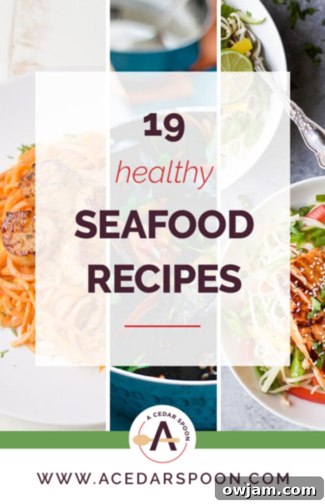 19 Fresh & Healthy Seafood Delights 2 A vibrant collage of various healthy seafood dishes, including salmon, shrimp tacos, and stuffed avocados, inviting viewers to explore delicious meal options.