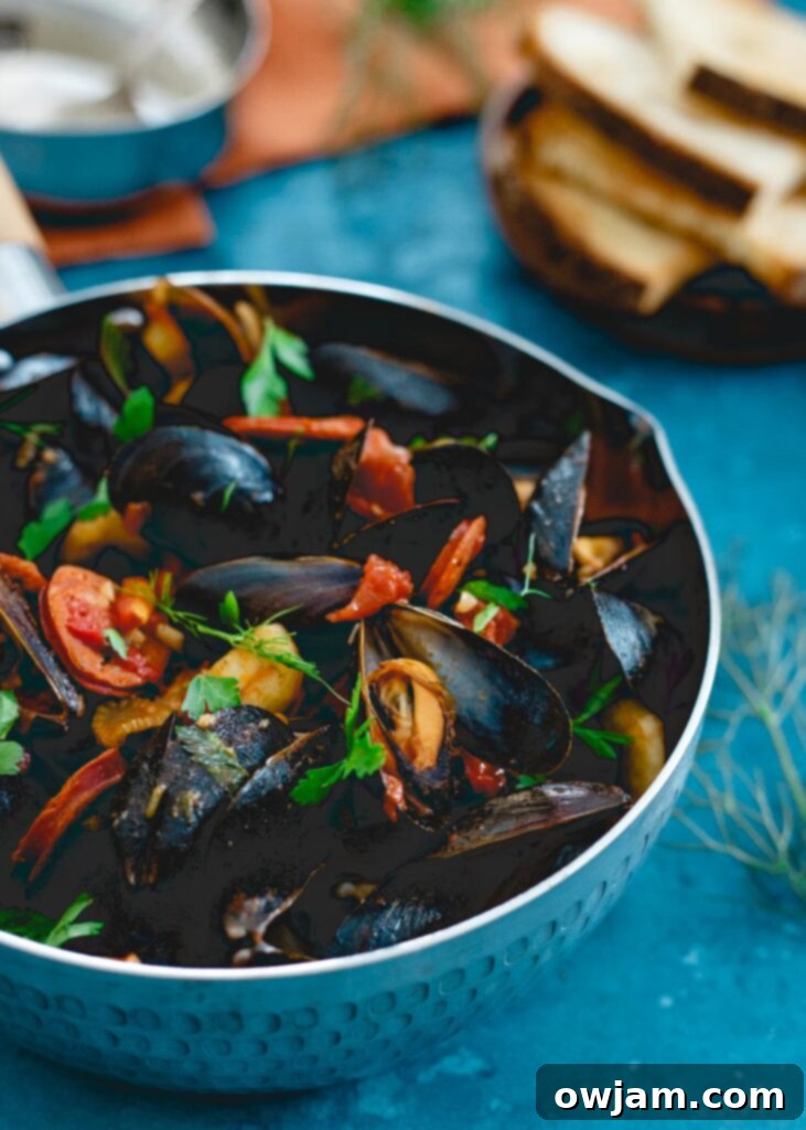 19 Fresh & Healthy Seafood Delights 11 Steaming hot mussels cooked in a savory and slightly spicy chorizo chili broth, served in a large bowl with crusty bread for dipping, offering a flavorful and comforting seafood dish.