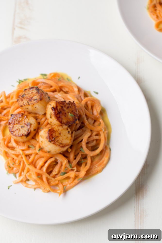 19 Fresh & Healthy Seafood Delights 18 Perfectly blackened scallops served over a bed of vibrant sweet potato noodles, creating a healthy, flavorful, and naturally gluten-free meal.