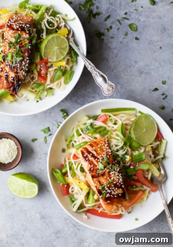 19 Fresh & Healthy Seafood Delights 19 Flaky teriyaki salmon served alongside a vibrant and fresh Asian noodle salad, making for a balanced, flavorful, and healthy meal.