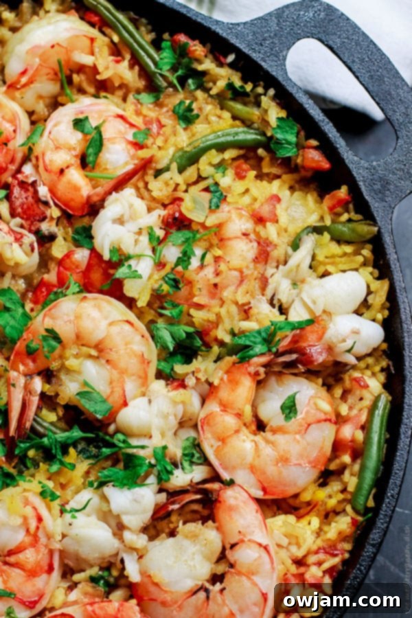 19 Fresh & Healthy Seafood Delights 4 A colorful and hearty Spanish Seafood Paella, packed with rice, saffron, mussels, shrimp, and other delicious seafood, making for an impressive and flavorful meal.