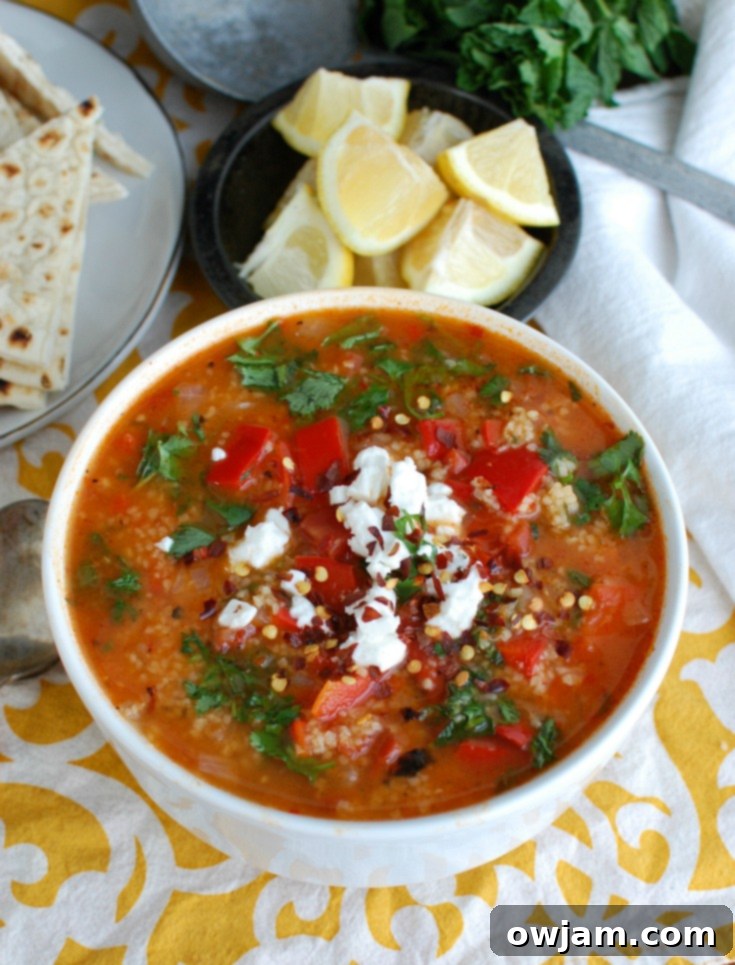 Hearty Tomato and Roasted Pepper Bulgur Soup 3 Tomato Red Pepper Bulgur Soup with feta cheese.