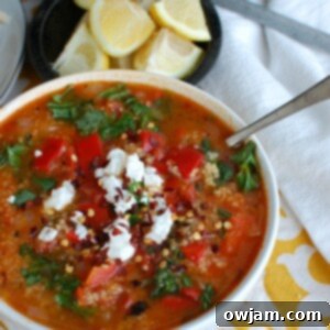 Hearty Tomato and Roasted Pepper Bulgur Soup 5 Tomato Red Pepper Bulgur Soup with parsley.