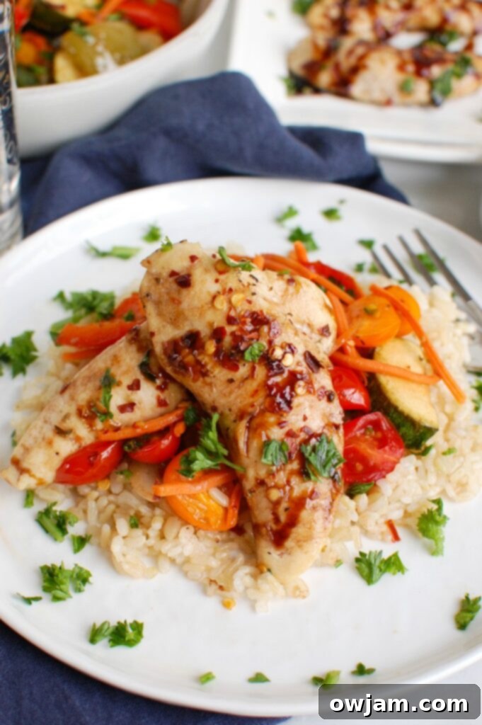 One-Pan Balsamic Chicken & Roasted Vegetables 2 Sheet Pan Honey Balsamic Chicken Tenders and Vegetables White Plate