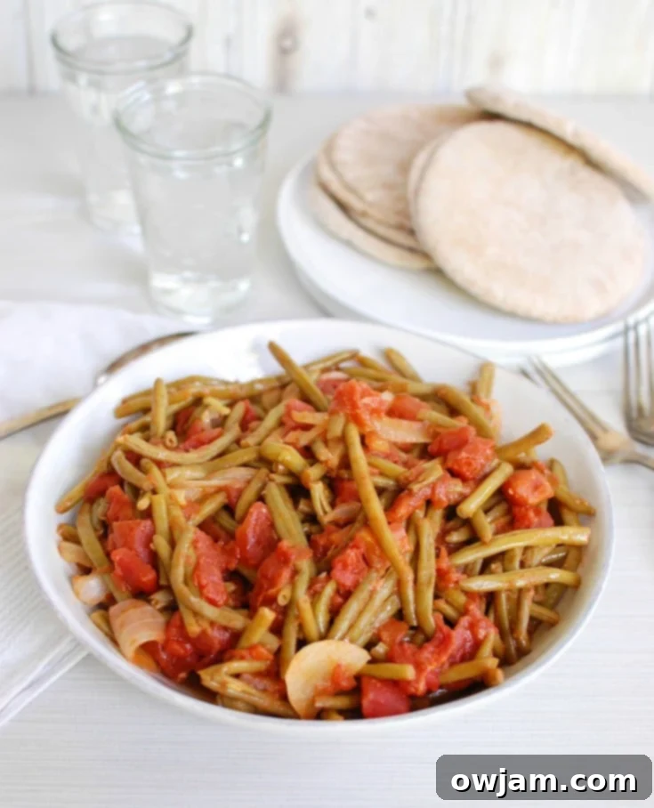 Easy Instant Pot Lebanese Green Beans 4 Lebanese Green Beans served with pita bread and a side of hummus.