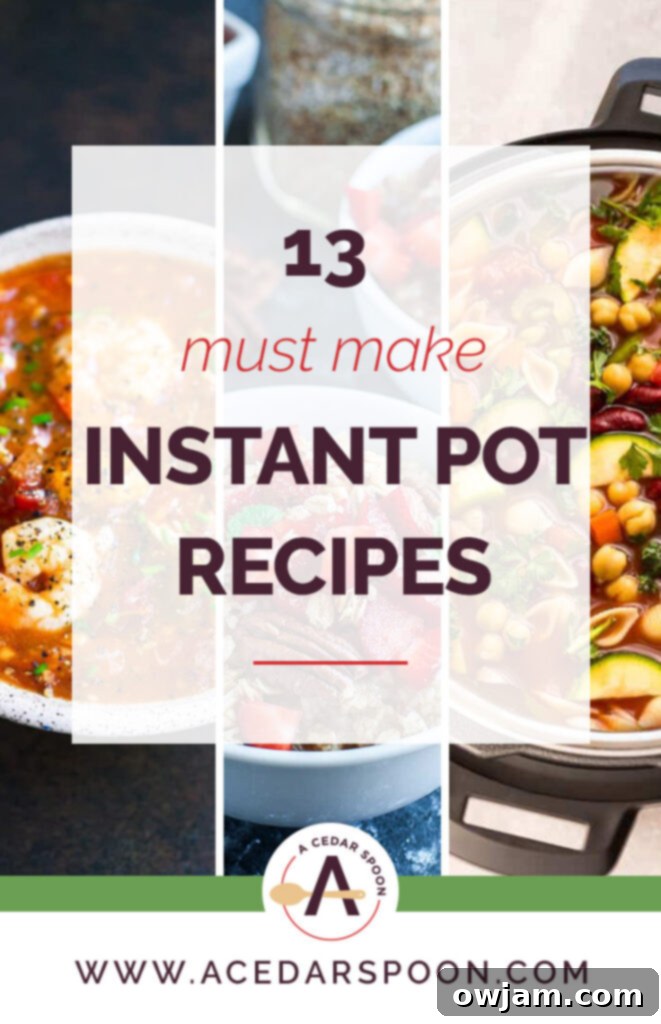 13 Instant Pot Recipes You'll Crave 2 A vibrant collage showcasing 13 diverse Instant Pot recipes, including various soups, pasta dishes, chicken, and vegetarian options, perfect for quick and easy weeknight meals.
