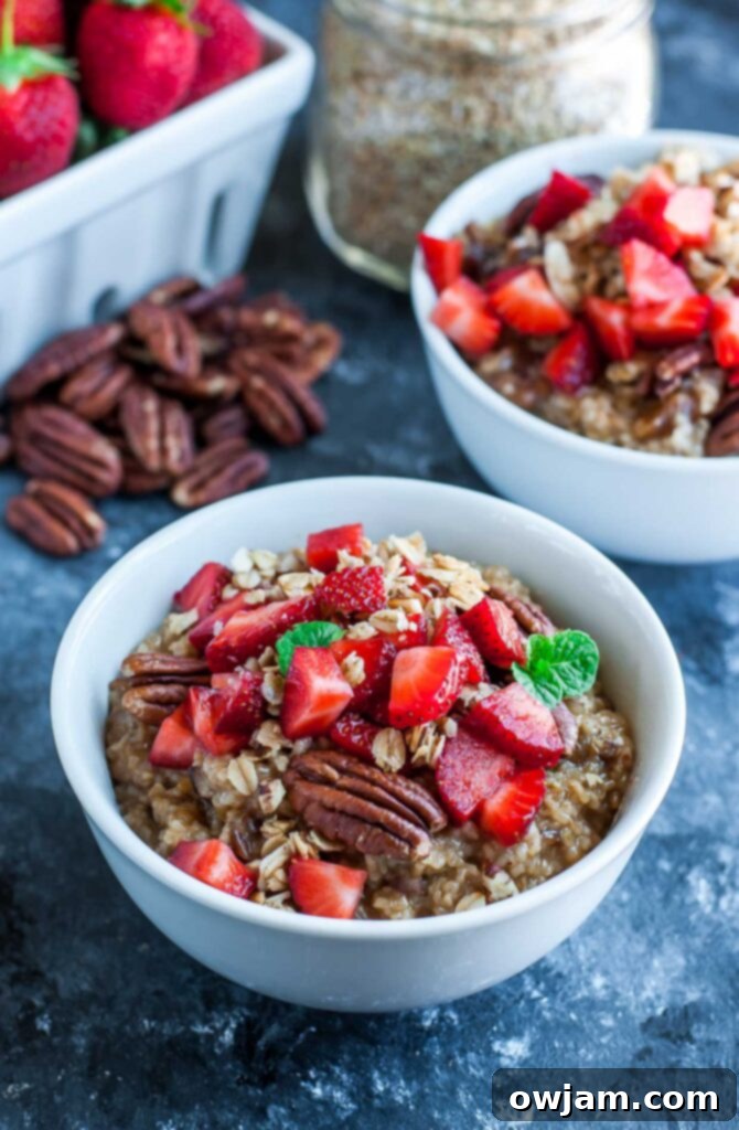 13 Instant Pot Recipes You'll Crave 11 A bowl of creamy Instant Pot Strawberry Trail Mix Oatmeal, beautifully topped with fresh sliced strawberries and a crunchy mix of nuts and dried fruit.