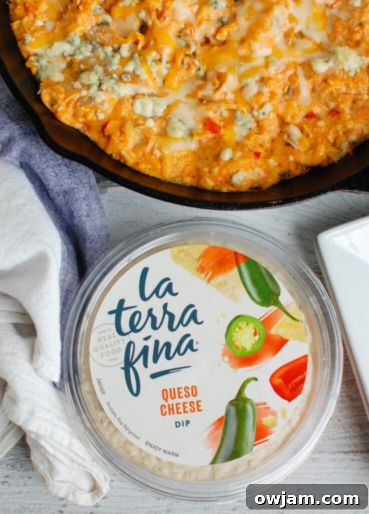 Close-up of creamy Buffalo Queso Cheese Chicken Dip in a white bowl with a spoon, highlighting its texture and richness, ideal for parties