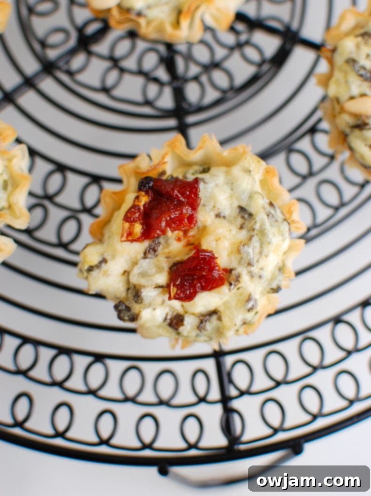 A single, golden-brown spinach artichoke sun-dried tomato phyllo bite with pine nuts and fresh herbs