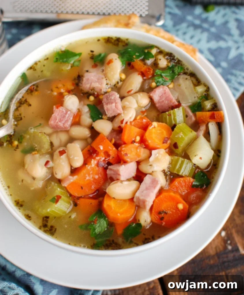 Hearty White Bean and Ham Soup 2 A steaming bowl of White Bean and Ham Soup with a spoon, ready to be enjoyed.