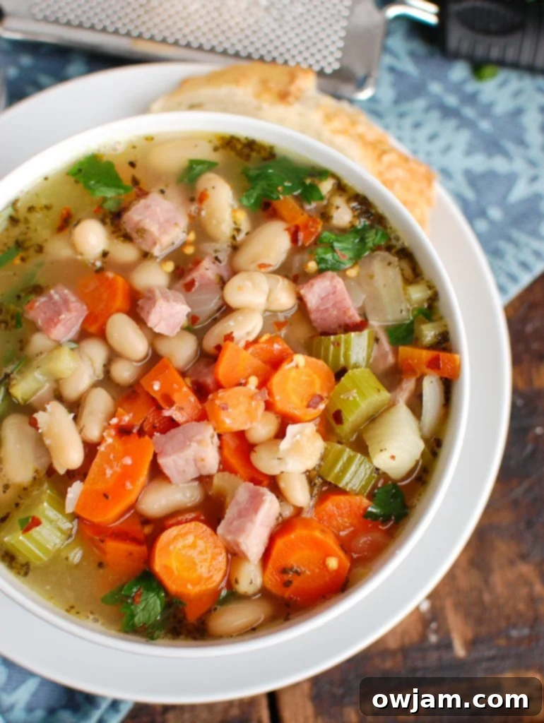 Hearty White Bean and Ham Soup 3 A white bowl filled with White Bean and Ham Soup, garnished and ready to serve.
