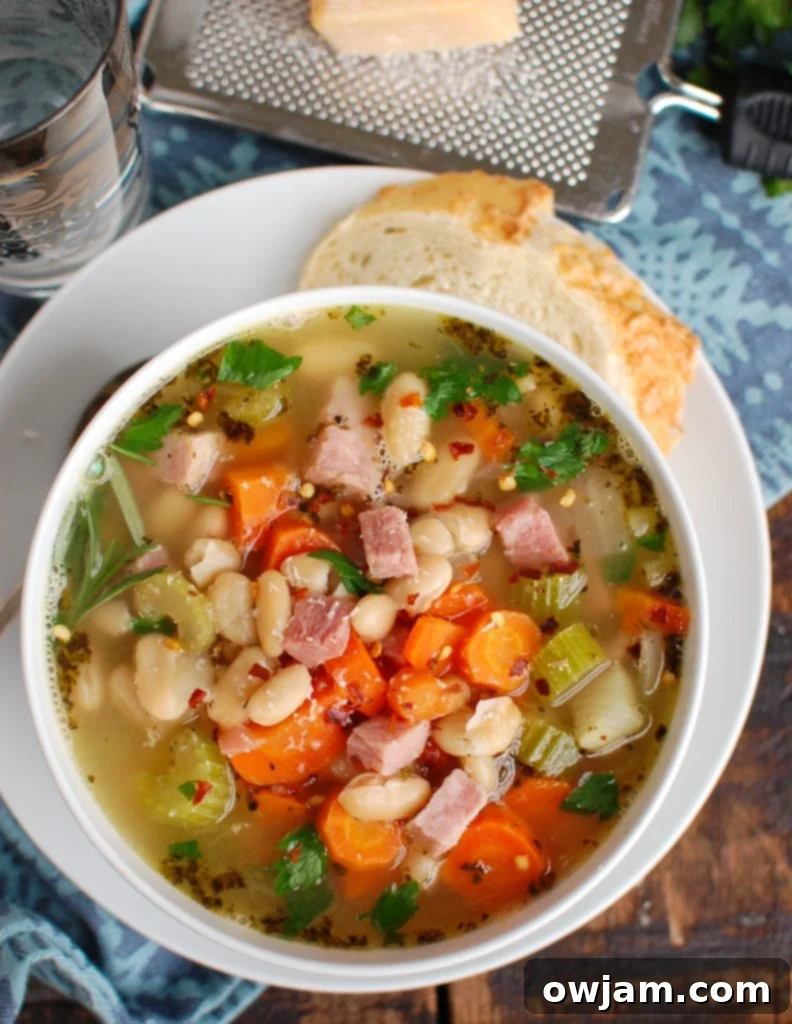 Hearty White Bean and Ham Soup 5 A close-up of White Bean and Ham Soup, highlighting the tender white beans.
