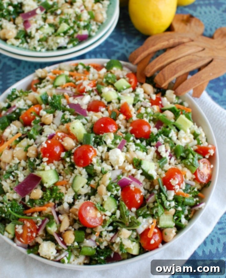 Mediterranean Chickpea Cauliflower Salad close-up with cherry tomatoes.