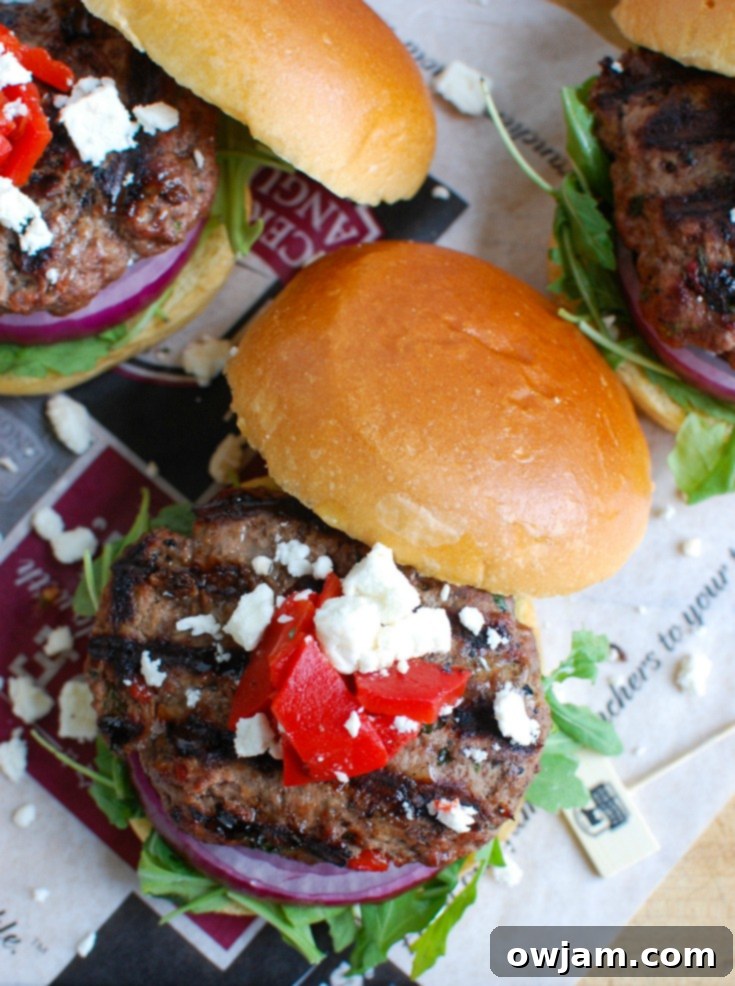 Easy Mediterranean Burgers with roasted red peppers and feta cheese