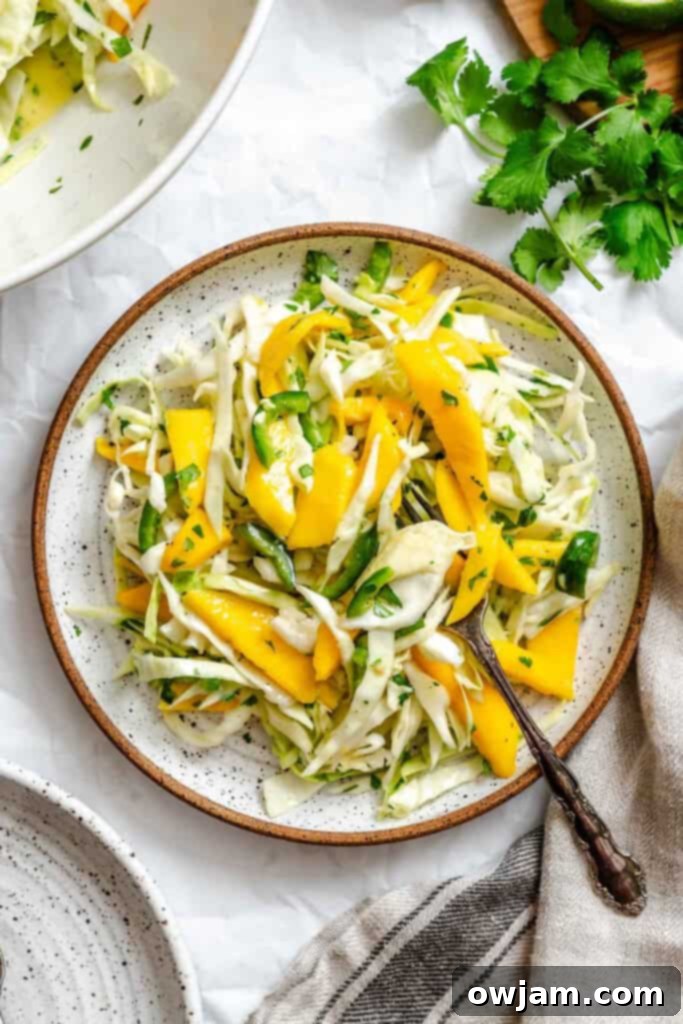 Quick Tropical Mango Cabbage Slaw 2 Easy Mango Cabbage Coleslaw on a white plate, perfect for summer meals