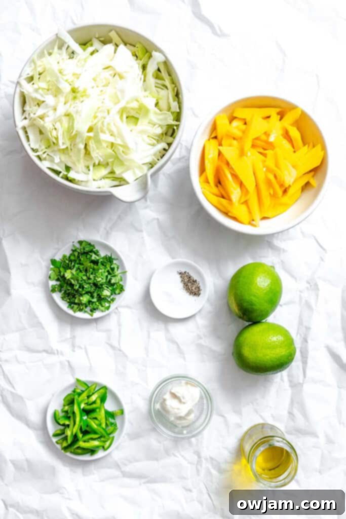 Quick Tropical Mango Cabbage Slaw 4 Fresh ingredients for Easy Mango Cabbage Coleslaw: cabbage, mango, jalapeno, cilantro, Greek yogurt, lime