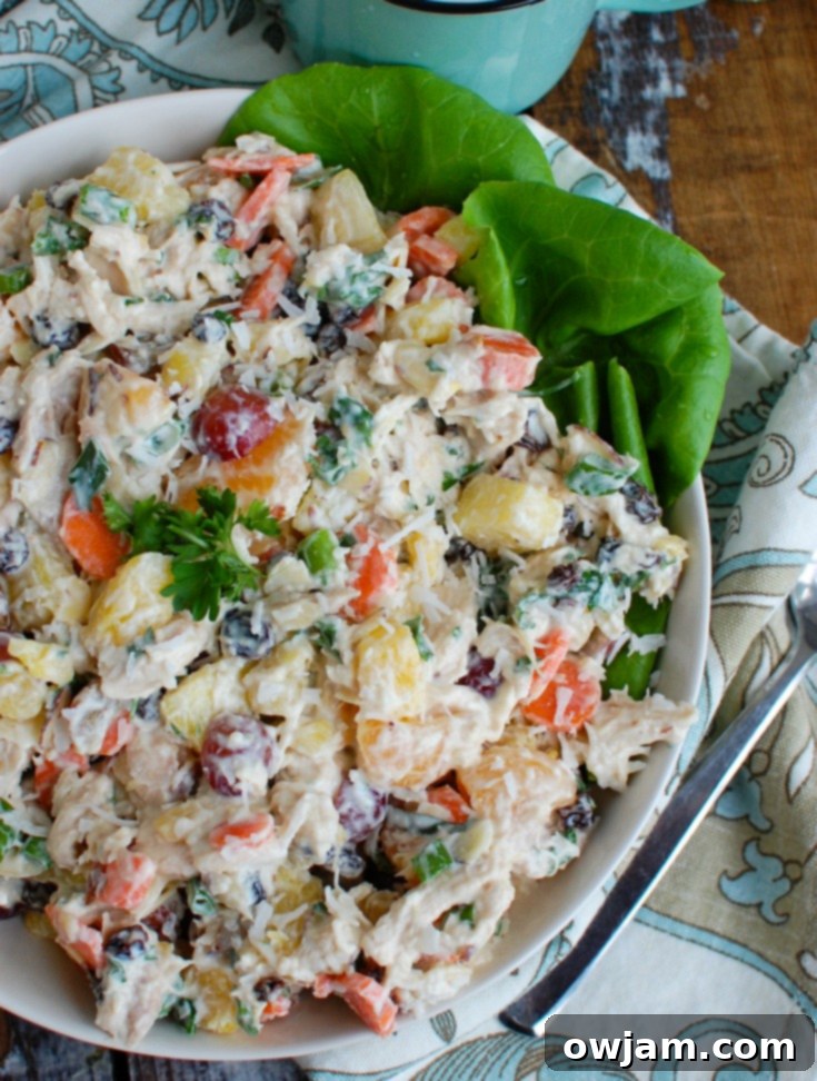 Island Chicken Salad 5 Tropical Chicken Salad on a white plate with lettuce