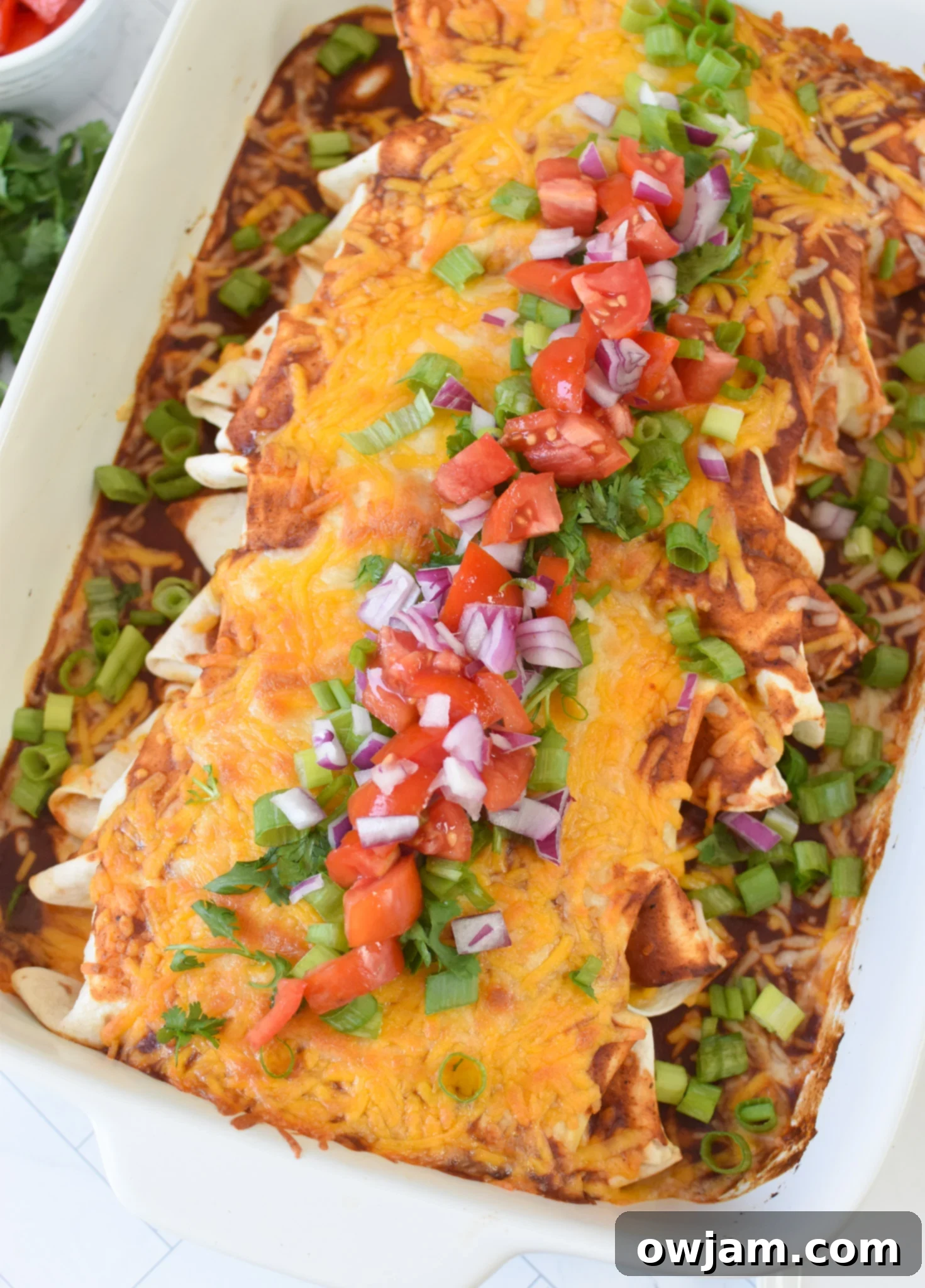 Classic Beef Enchiladas 4 Close-up of fully baked Beef Enchiladas topped with fresh cilantro and green onions, ready to serve.